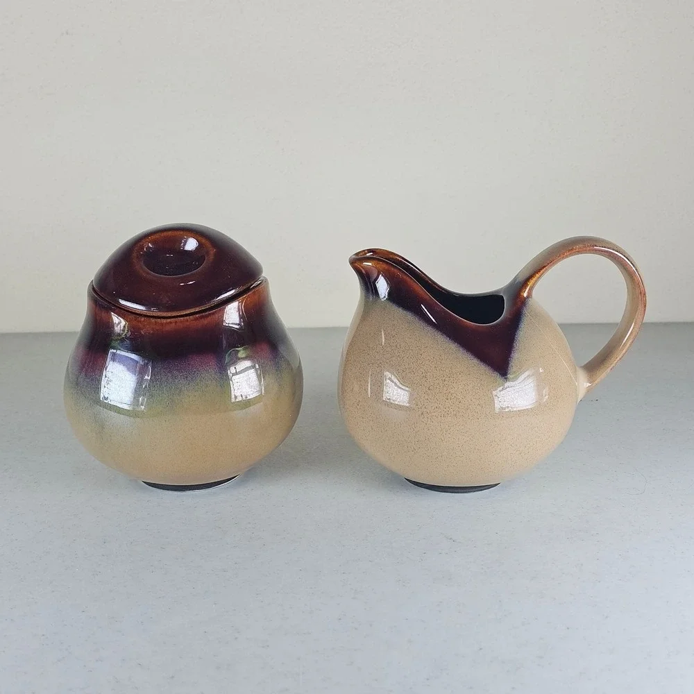 Sango Nova Brown Mottled Drip Glaze Pottery Creamer & Sugar Bowl Set‎ Model 4933